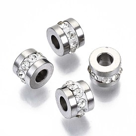 304 Stainless Steel Beads, with Polymer Clay Rhinestone, Column