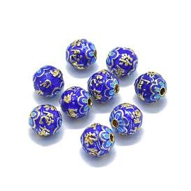 Golden Tone Brass Enamel Beads, Round, with Chinese Character