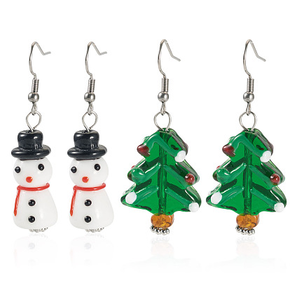2 пары 2 стили стеклянные серьги-подвески на рождественскую тематику, с латунной фурнитурой , снеговик и рождественская елка