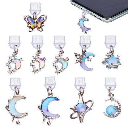 10шт 10 стили ПВХ мобильные пылезащитные заглушки, с подвесками из цинкового сплава и смолы, бабочка и звезда и луна