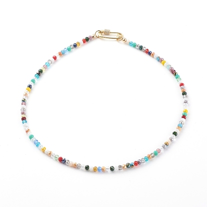 Brass Micro Pave Clear Cubic Zirconia Pendant Necklaces, with Rondelle Glass Beads, Safety Pin Shape, Golden