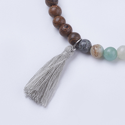 Natural & Synthetic Mixed Stone & Wood Stretch Bracelets, with Cotton Thread Tassels Pendants, Stainless Steel Color