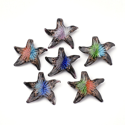 Handmade Gold Sand Lampwork Pendants, Inner Flower, Starfish/Sea Stars