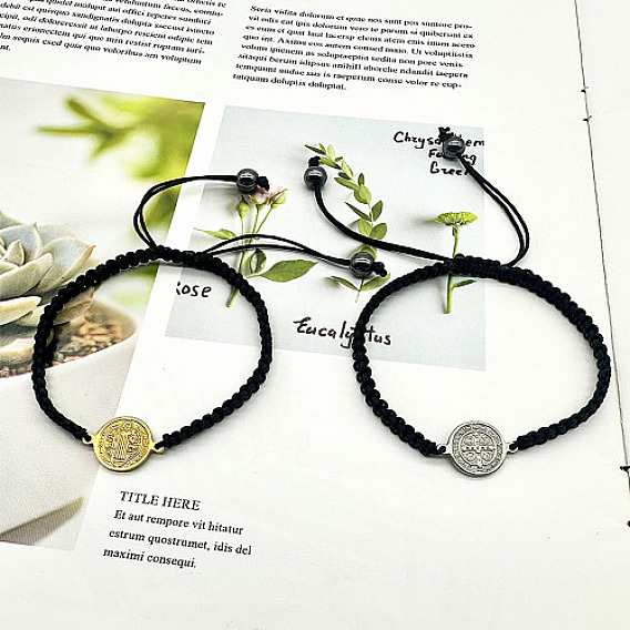 Saint Benedict Alloy Link Bracelets, Adjustable Polyester Cord Braided Bracelets for Women