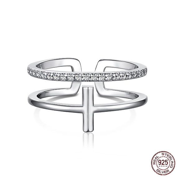 925 Sterling Silver Cross Open Cuff Rings with Cubic Zirconia, with S925 Stamp