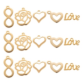 50Pcs 5 Styles Valentine's Day 304 Stainless Steel Pendants, Word Love & Hollow Heart & Infinity & Flower