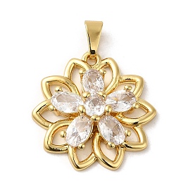 Rack Plating Brass Micro Pave Cubic Zirconia Pendants, Cadmium Free & Lead Free, Real 18K Gold Plated, Long-Lasting Plated, Flower