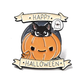 Happy Halloween Word Enamel Pin, Pumpkin with Cat Alloy Badge for Backpack Clothes, Electrophoresis Black
