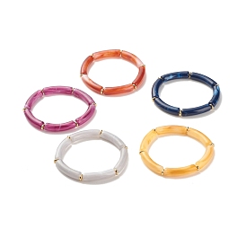 Imitation Gemstone Acrylic Curved Tube Beaded Stretch Bracelet, Chunky Bracelet for Women