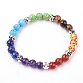 Bracelets élastiques de pierres fines, avec les accessoires en alliage, ronde, chakra perles bracelets