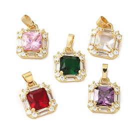 Brass Micro Pave Cubic Zirconia Pendants, with Glass, Real 18K Gold Plated, Square