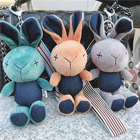 Cute Cowboy Rabbit Keychain with Striped Ribbon for Car Keys and Bags