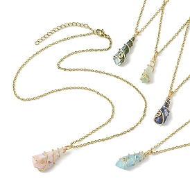 Electroplated Natural Quartz Crystal Prism Copper Wire Wrapped Pendant Necklaces, with 304 Stainless Steel Cable Chains, Mixed Color