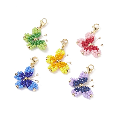 Butterfly Wire Wrapped Rocailles Pendant Decorations, 304 Stainless Steel Lobster Claw Clasps Charms
