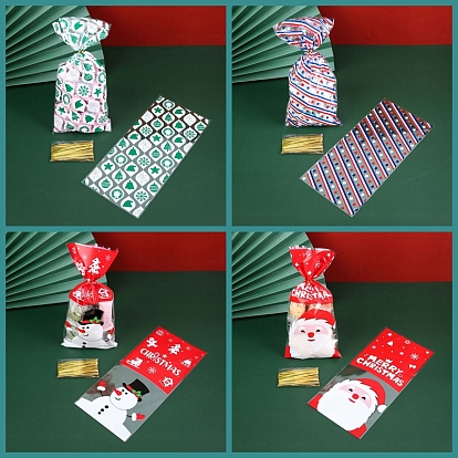 50Pcs Rectangle Christmas Themed Clear Plastic Cookies Storage Bags, Snack Candy Bag with Wire Ties