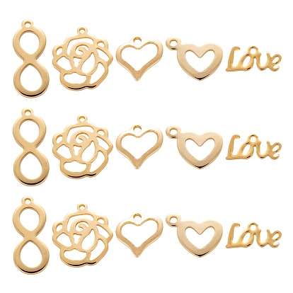 50Pcs 5 Styles Valentine's Day 304 Stainless Steel Pendants, Word Love & Hollow Heart & Infinity & Flower