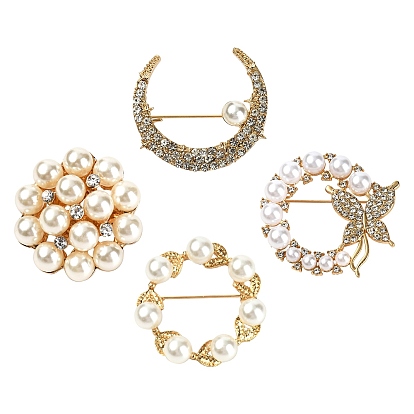 4Pcs 4 Style Alloy Rhinestone Brooches, with Plastic Imitation Pearl, Mixed Shape