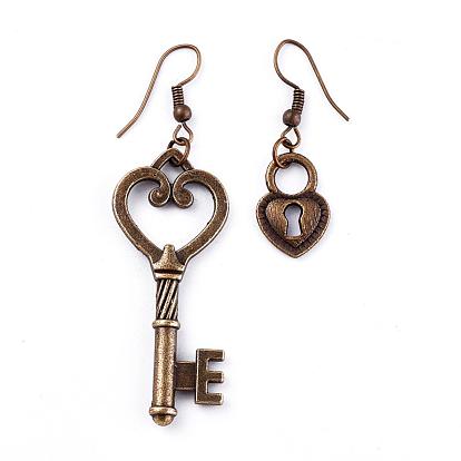 Tibetan Style Alloy Dangle Earrings, Asymmetrical Earrings, with Brass Earring Hooks, Lock and key, 40mm and 41mm, Pin: 0.5mm