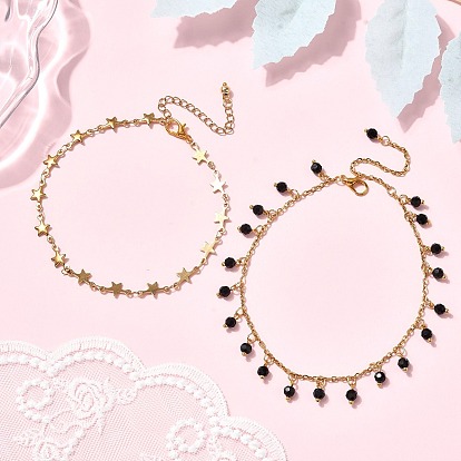 2шт. 304 наборы браслетов на ногу из нержавеющей стали, со стеклянными бусинами