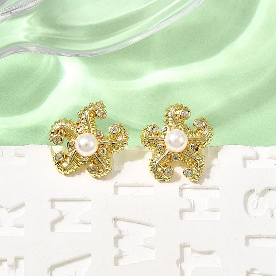 Серьги-гвоздики из латуни с микропаве из прозрачных кубических цирконий в виде морских звезд, с пластмассовой жемчужиной abs, стойки покрытие, буквы, без свинца и без кадмия, долговечный