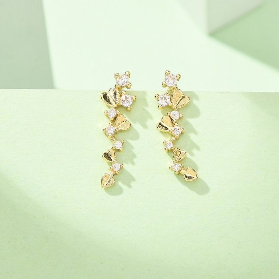 Brass Micro Pave Cubic Zirconia Stud Crawler Earrings, Climber Earrings, Heart & Flat Round, Real 18K Gold Plated, Cadmium Free & Lead Free, Long-Lasting Plated, Rack Plating