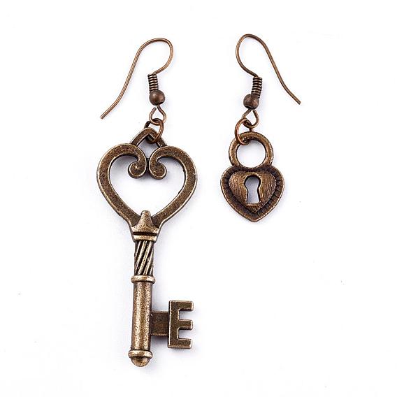Tibetan Style Alloy Dangle Earrings, Asymmetrical Earrings, with Brass Earring Hooks, Lock and key, 40mm and 41mm, Pin: 0.5mm