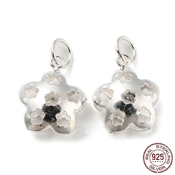 925 Sterling Silver Pendants, with Jump Rings, Hollow Flower Charms