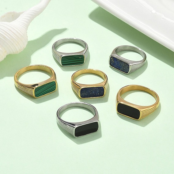 316l Кольца из нержавеющей стали с натуральными драгоценными камнями для женщин, прямоугольные, ионное покрытие (ip)