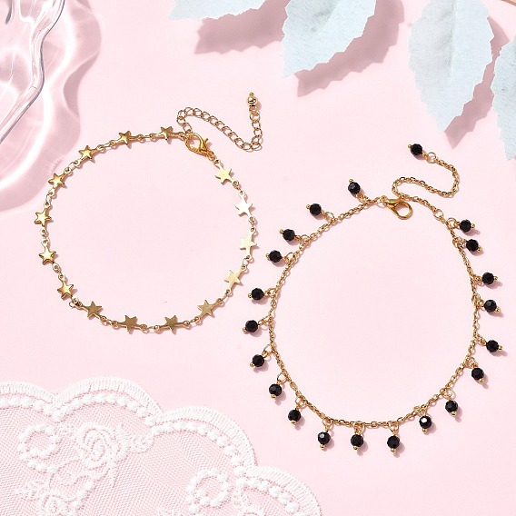 2шт. 304 наборы браслетов на ногу из нержавеющей стали, со стеклянными бусинами