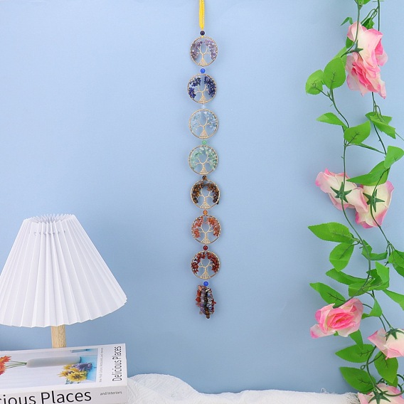 Подвески-ловец солнца в виде дерева жизни, обмотанные латунной проволокой, с изображением чакр и кусочками натуральных камней., для украшения окон