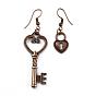 Tibetan Style Alloy Dangle Earrings, Asymmetrical Earrings, with Brass Earring Hooks, Lock and key, 40mm and 41mm, Pin: 0.5mm