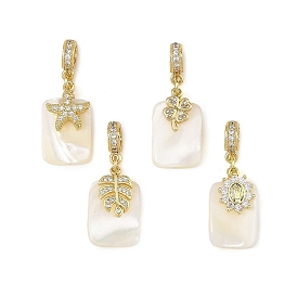 4Pcs Brass Micro Pave Clear Cubic Zirconia European Dangle Charms, Large Hole Pendants, Mixed Shapes, with Natural Trochid Shell/Trochus Shell
