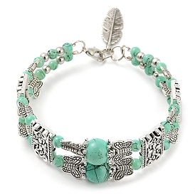 Synthetic Turquoise Beaded Double Layer Multi-strand Bracelet, Zinc Alloy Butterfly Beaded Bracelet with Feather Charms