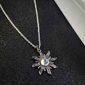 Bohemian Moonstone Sunflower Pendant Necklace - Vintage Ethnic Jewelry, European and American Style.