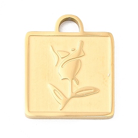 304 подвески из нержавеющей стали, квадрат с цветком розы, ионное покрытие (ip)