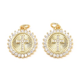 Латунные микро проложить кубического циркония подвески, плоские круглые с поперечными прелести, долговечный, стойки покрытие, без свинца и без кадмия