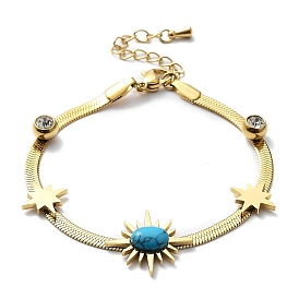 Synthetic Turquoise Star & Rhinestone Round Link Bracelet with Herringbone Chains, Ion Plating(IP) 304 Stainless Steel Bracelet