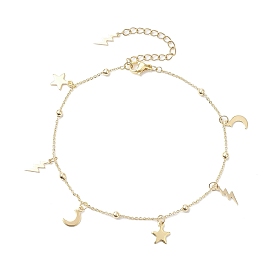 Bracelet de cheville en chaînes de câble en acier inoxydable soudé, bracelet de cheville à breloques lune et étoiles en laiton pour femme