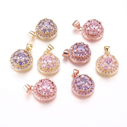 Brass Micro Pave Cubic Zirconia Pendants, Long-Lasting Plated, Flat Round with Flower, Flower Able Rotate