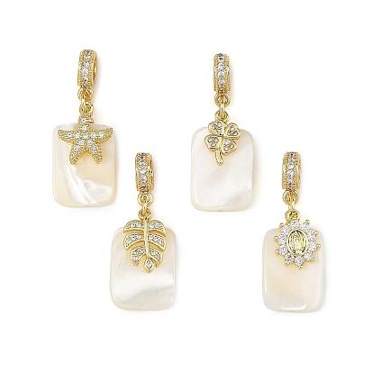 4Pcs Brass Micro Pave Clear Cubic Zirconia European Dangle Charms, Large Hole Pendants, Mixed Shapes, with Natural Trochid Shell/Trochus Shell