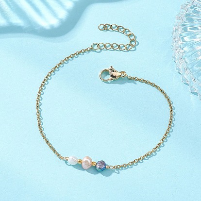 Браслеты из натурального культивированного пресноводного жемчуга, 304 трос из нержавеющей стали для женщин, рондель, реальный 18 k позолоченный