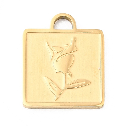 304 подвески из нержавеющей стали, квадрат с цветком розы, ионное покрытие (ip)