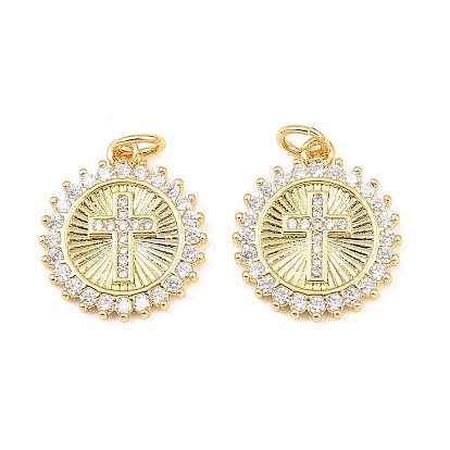 Латунные микро проложить кубического циркония подвески, плоские круглые с поперечными прелести, долговечный, стойки покрытие, без свинца и без кадмия