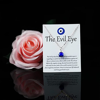 Blue Devil Eye Glass Pendant on Copper Chain - Turkish Evil Eye Necklace