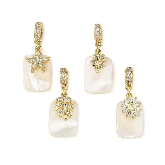 4Pcs Brass Micro Pave Clear Cubic Zirconia European Dangle Charms, Large Hole Pendants, Mixed Shapes, with Natural Trochid Shell/Trochus Shell