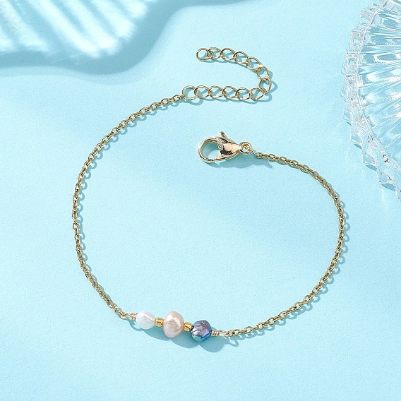 Браслеты из натурального культивированного пресноводного жемчуга, 304 трос из нержавеющей стали для женщин, рондель, реальный 18 k позолоченный