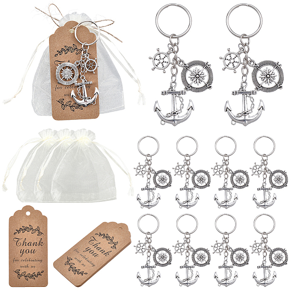 10 брелок из сплава, с железной фурнитурой, якорь и штурвал, в комплекте 10шт. подарочных мешочков из органзы и подарочных этикеток, а также 10м отрезов джута.