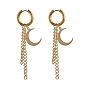 304 Stainless Steel Huggie Hoop Earrings, Hypoallergenic Earrings, with Brass Pendants & Curb Chains, Moon