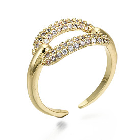 Brass Micro Pave Clear Cubic Zirconia Cuff Rings, Oval Open Rings, Nickel Free