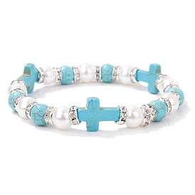 Unisex Synthetic Turquoise & Plastic Imitation Pearl Beaded Stretch Bracelets, Cross